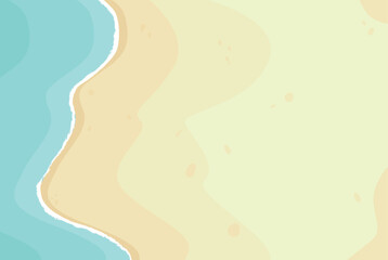 Vector background of a sandy beach with azure foamy wave. An element for vacation trip design. Close-up of sand and sea, top view.