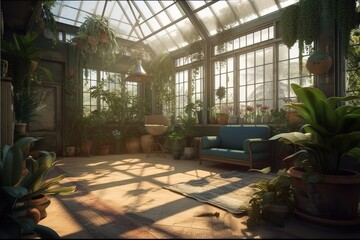 Conservatory: Create a set of images that showcase a lush, green conservatory. Generative AI
