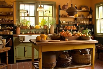 Country Kitchen: Create a cozy and inviting kitchen with a country - inspired design. Choose a color palette of warm, earthy tones such as beige, brown, and green. Generative AI