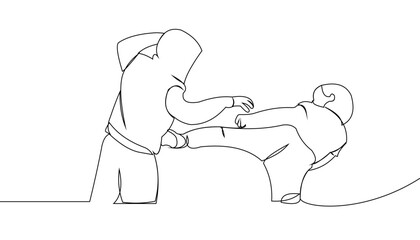 Single continuous line drawing young agile woman boxer attack with powerful punch. Fair combative sport concept. Trendy one line draw design vector graphic illustration for boxing game promotion media