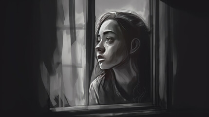 Fototapeta na wymiar Sketch illustration of a girl looking through a window - made with Generative AI