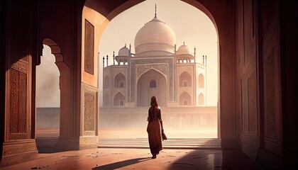 Woman in Taj Mahal travel tourist in india Ramadan the holy time for prayer World Tourism Day 27th September - obrazy, fototapety, plakaty