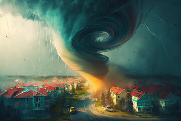Chaos at Daybreak: A Tornado Approaches a Vibrant Metropolis. Generative AI