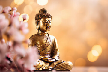 Buddha statue with cherry blossom. Mediation and zen concept, generative AI