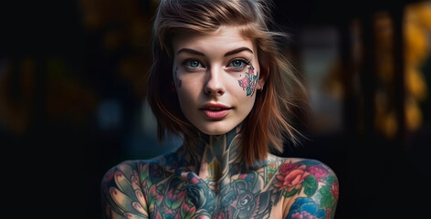 Fototapeta premium Full body tattooed woman portrait shot - made with Generative AI