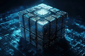 Fototapeta premium Blockchain concept. Big data binary code futuristic information technology, data flow. Transferring of big data. interconnected blocks of data depicting a cryptocurrency blockchain. Generative AI