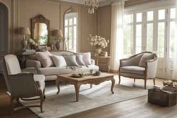 French Country Living Room: Create a living room with a French Country - inspired design, using soft colors, natural materials, and rustic details.Generative AI