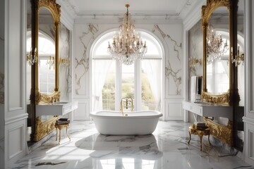 Glamorous Bathroom: Design a bathroom with a glamorous feel, using luxurious materials such as marble, crystal, and gold accents. Generative AI