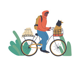 Man traveling on a bike with a dog