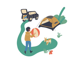 Boy playing ball dog tent car