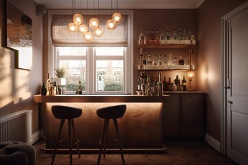 Home Bar: Create a set of images that showcase a sophisticated, well - stocked home bar. Generative AI