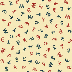 Symbols of various currencies seamless pattern. Vector background.
