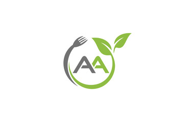Green leaf nature with spoon and healthy logo design spoon fork and leaf