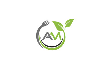 Green leaf nature with spoon and healthy logo design spoon fork and leaf