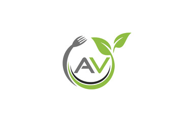 Green leaf nature with spoon and healthy logo design spoon fork and leaf