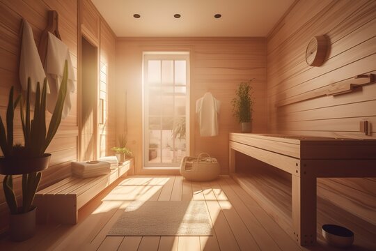 Home Sauna: Create a set of images that showcase a cozy, relaxing home sauna. Generative AI