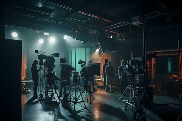 A group of people standing in a room with a stage and a large screen - Generative AI