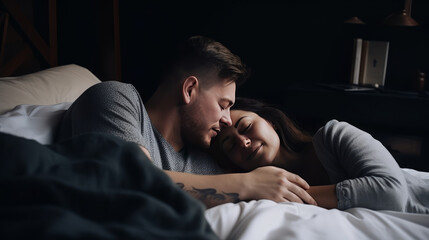 Fototapeta premium Couple in love lying together in bed - made with Generative AI