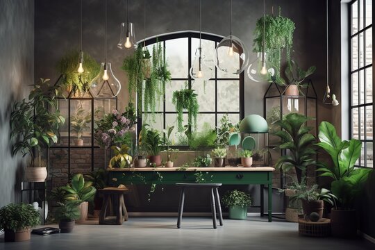 Indoor Garden: Create a set of images that showcase a lush, vibrant indoor garden. Generative AI