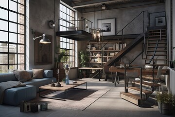 Industrial Loft: Create a set of images that showcase a trendy, industrial - style loft.  Generative AI