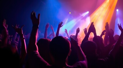 Rear view of crowd with arms outstretched at night club concert, blue purple light background by ai generative