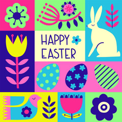 Easter postcard with lettering Happy Easter. Easter modern illustration with bunny, eggs, bird, leaves and flowers. Vector illustration with stylized decorative easter elements. 