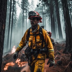 Naklejka premium Firefighter working in a burning forest. Ai Generative.