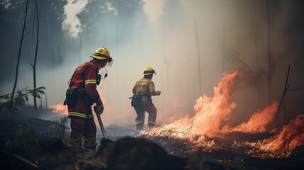 firefighters fighting the flames in a forest fire. Ai Generative.