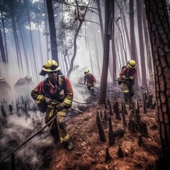 Naklejka premium firefighters fighting the flames in a forest fire. Ai Generative.