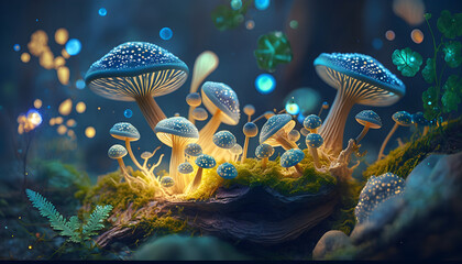 Fototapeta na wymiar Magical mushrooms in dark mystery forest