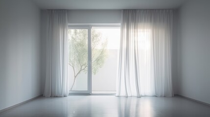Fototapeta na wymiar Empty room with a window with white courtains, Ai Generative