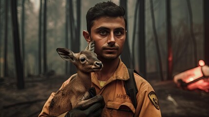 A firefighter posing with a fawn rescued from a forest fire. Ai Generative.