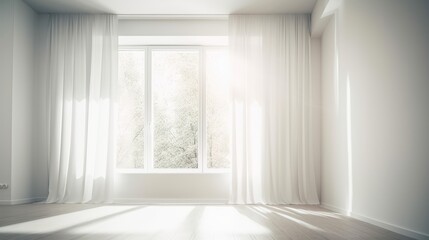 Fototapeta na wymiar Empty room with a window with white courtains, Ai Generative