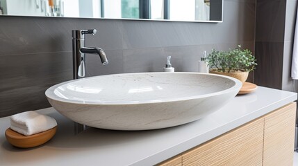 Fototapeta na wymiar Close-up, white oval-shaped sink, made of natural stone, modern and luxurious style. Minimalist decoration. Ai Generative.