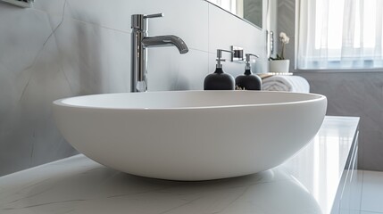 Close-up, white oval-shaped sink, made of natural stone, modern and luxurious style. Minimalist decoration. Ai Generative.