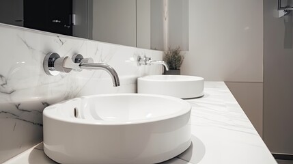 Naklejka na ściany i meble Close-up, white oval-shaped sink, made of natural stone, modern and luxurious style. Minimalist decoration. Ai Generative.