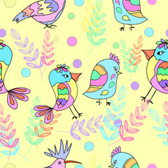 Seamless pattern with cartoon birds for textile design, for covers of children's notebooks, for wallpapers and any surfaces