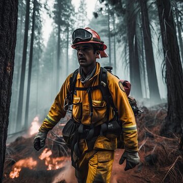 Firefighter working in a burning forest. Ai Generative.