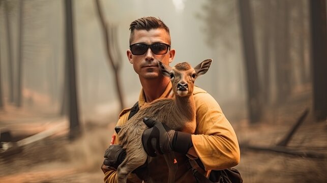 A firefighter posing with a fawn rescued from a forest fire. Ai Generative.