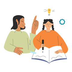 Grandmotherr teaches a lesson with granddaughter Study concept vector illustration