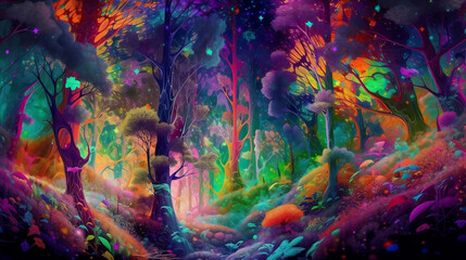 Naklejka na ściany i meble AI Generated illustrations of dreamy and magic forest with mushrooms and magic trees 