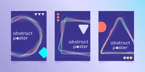 Fototapeta na wymiar Set of abstract posters with accent graphic elements. Multicolored waves with lines form triangle, circle and square. Decoration with colored dots and elements. Vector.