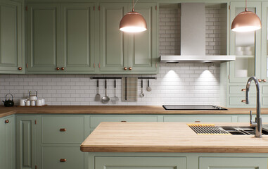 Green kitchen interior with island. Stylish kitchen with wooden worktop.