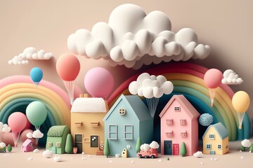 3D cute mini city, mini world, miniature city, kid style, colorful, houses, hotels, streets, clouds, hill, happy color
