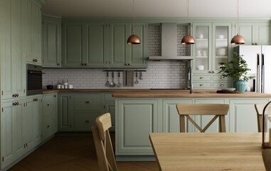 Green kitchen interior with island. Stylish kitchen with wooden worktop.