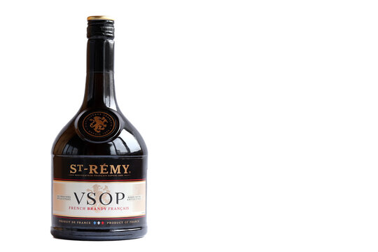 Kyiv, Ukraine - March 9, 2023: A bottle of St-Remy VSOP French brandy isolated on a white backround. Close up. Free space for your text.