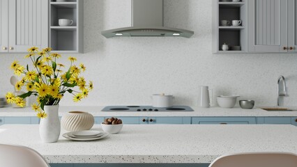 Blue kitchen interior with island. Stylish kitchen with white countertops. 