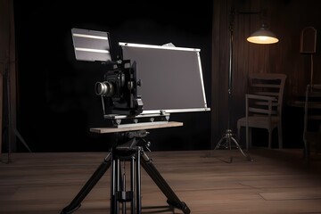 A camera on a tripod in front of a projector screen - Generative AI