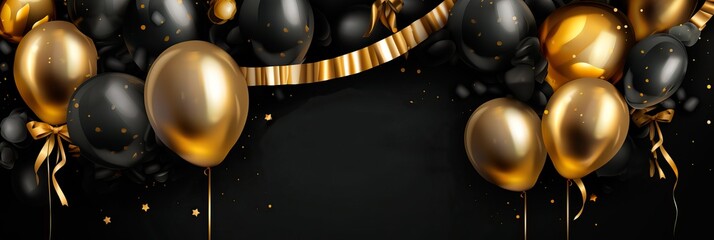 Birthday. Black Friday sale. Background with black and gold balloons. Holiday banner, web poster, flyer, cover card, Festive celebrate backdrop balloons.