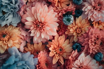 Spring color pallet of densely packed flowers from overhead in soft pastel colors